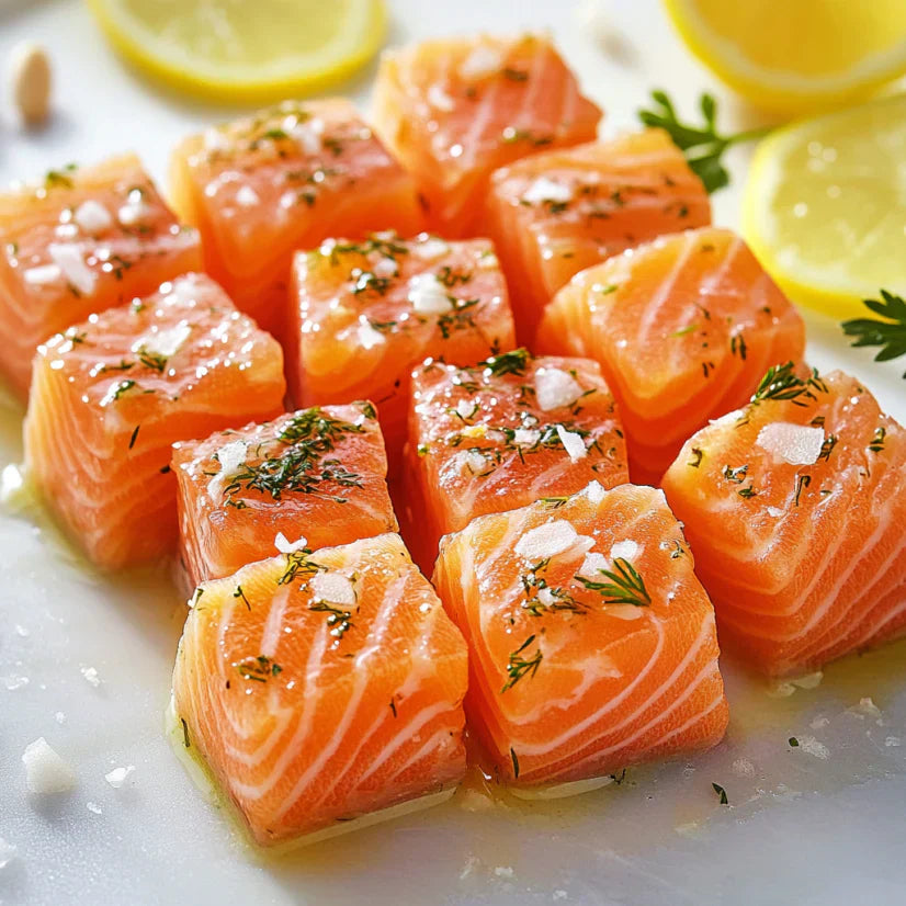 Cubos de Salmón al Ajo y Limón